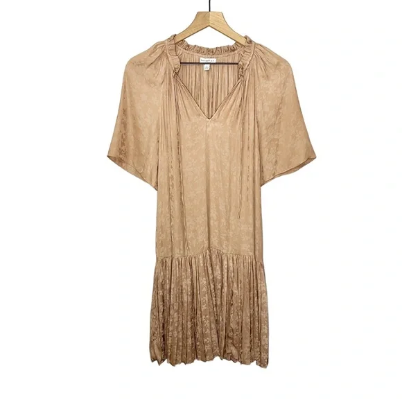 strapless open back dress Tan Puff Sleeve Buttoned Tiered Pleated Shirt Mini Dress Tan / L / 92%Viscose+8%Linen